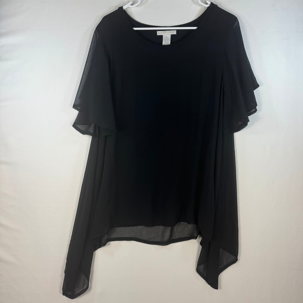 Design Story Womens 1X Black Layered Handkerchief Hem Blouse Flutter Sleeve Top
